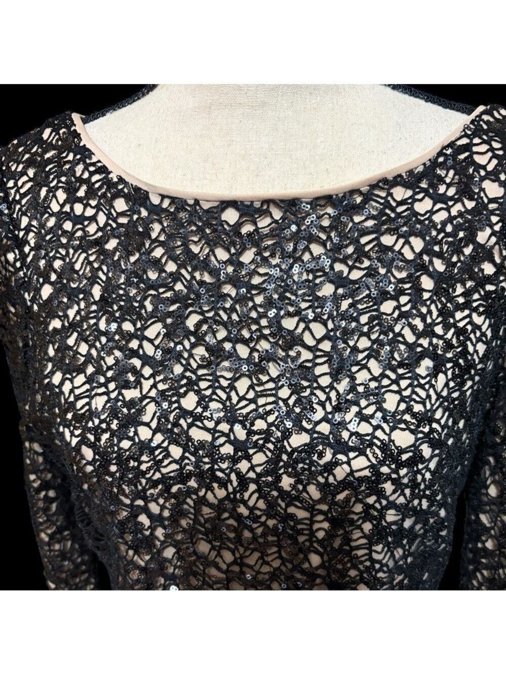 Aidan Maddox-Size 14 Black/Nude Sequined Mini Cocktail Dress. Back zip. Like new - Picture 4 of 15